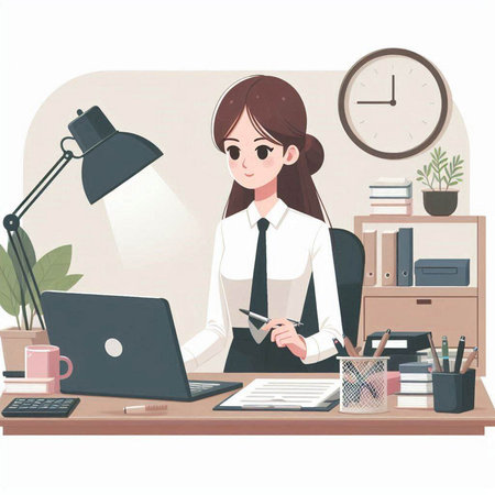 Business woman working in office. Hand drawn style. Vector illustration.のイラスト素材