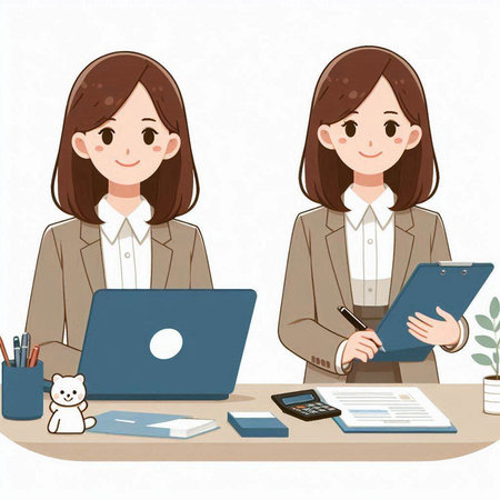 Business woman working at the office with laptop and notebook. Vector illustration.のイラスト素材