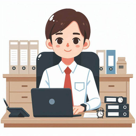 Young man working on laptop in the office. Vector illustration in cartoon style.のイラスト素材