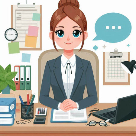 Businesswoman sitting at her desk in office. Cartoon vector illustration.のイラスト素材