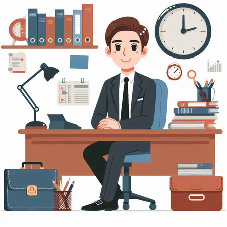Businessman sitting at the desk in office. Vector illustration in cartoon style.のイラスト素材