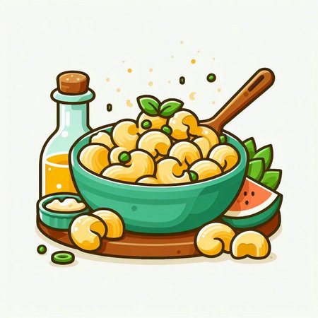Vector illustration of a bowl of macaroni with olive oil, watermelon and nuts.のイラスト素材