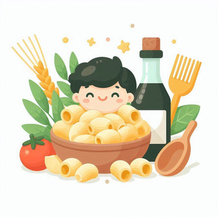 Cute little boy in a bowl of pasta. Vector illustration.のイラスト素材