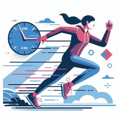 Vector illustration of running woman in sportswear. Time management concept.のイラスト素材