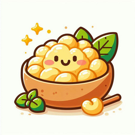Cute cartoon potato gnocchi in bowl. Vector illustration.のイラスト素材