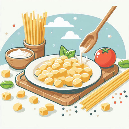 Illustration of a plate of macaroni with ingredients in the backgroundのイラスト素材