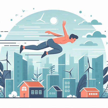 Vector illustration of a man jumping over a cityscape with wind turbines.のイラスト素材