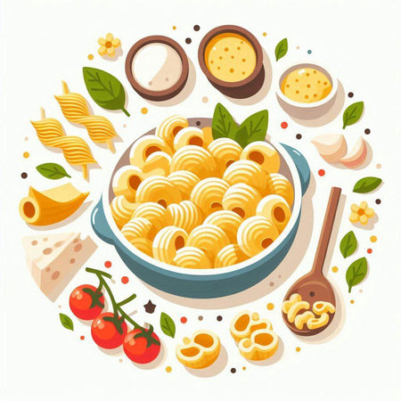 Italian pasta in bowl and ingredients for cooking on white background. Vector illustration.のイラスト素材