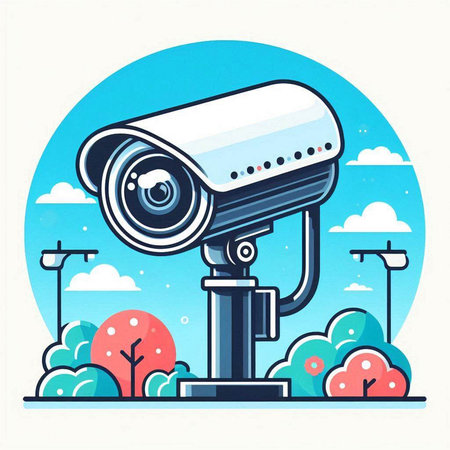 CCTV security camera. Vector illustration in flat style on blue background.のイラスト素材