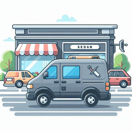 Illustration of a Delivery Van in front of a Grocery Storeのイラスト素材