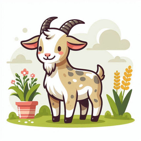 Vector illustration of a cute goat on a background of summer landscape.のイラスト素材