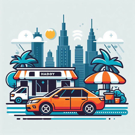 Vector illustration of fast food on the background of the modern city.のイラスト素材