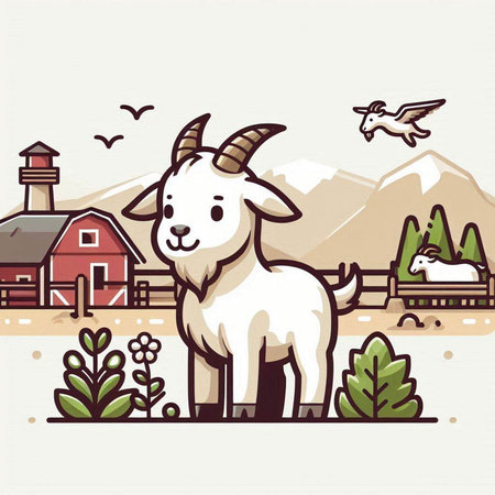Vector illustration of a cute goat on the farm in the mountains.のイラスト素材