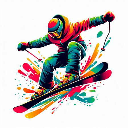 Vector illustration of a snowboarder jumping against a background of colored splashesのイラスト素材