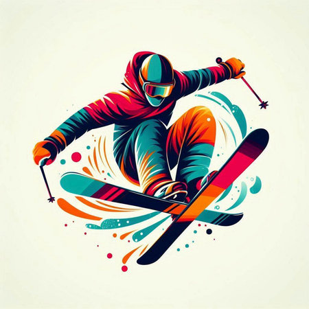 Snowboarder with snowboard on colorful background. Vector illustration.のイラスト素材