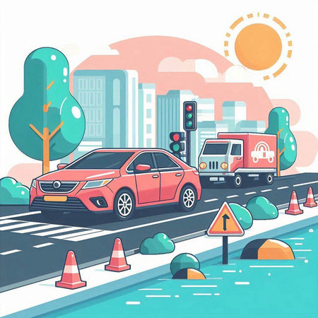 Traffic jam on the road. Vector illustration in flat style.のイラスト素材
