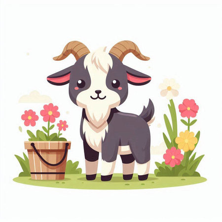 Cute cartoon goat standing on the grass with flowers. Vector illustration.のイラスト素材
