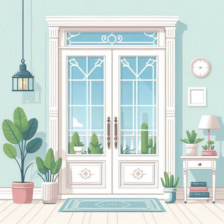 Illustration of the interior of the living room with a large windowのイラスト素材