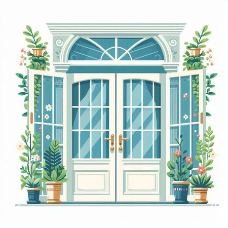 Vector illustration of a beautiful entrance to the house with flowers in potsのイラスト素材