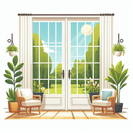 Vector illustration of a room with a view from the window to the gardenのイラスト素材