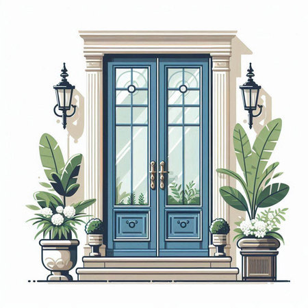 Vector illustration of a classic blue wooden door with plants and lamps.のイラスト素材