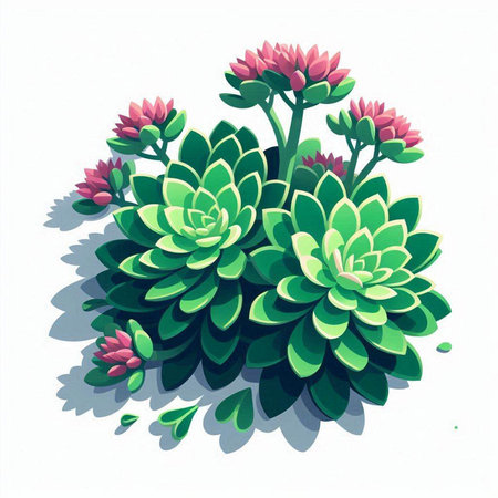 Illustration of succulent plant with pink flowers on white background.のイラスト素材