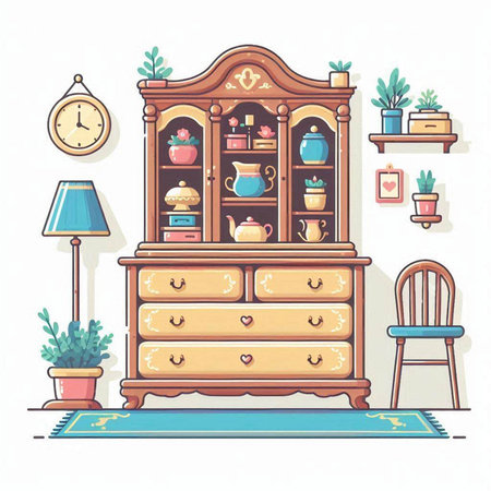 Cabinet in the living room. Vector illustration in cartoon style.のイラスト素材