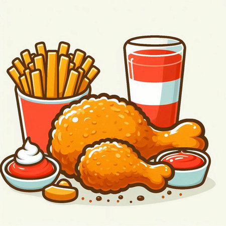 Illustration of a Fast Food Illustration Featuring a Fried Chicken and French Friesのイラスト素材