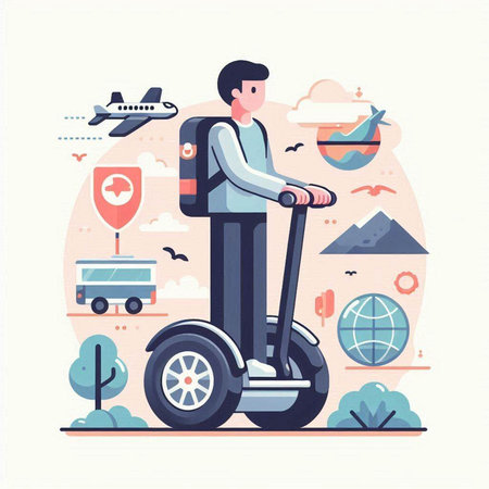 Eco transport flat vector illustration. Cartoon man riding electric scooter on background of world map and airplane. Ecological transport concept.のイラスト素材
