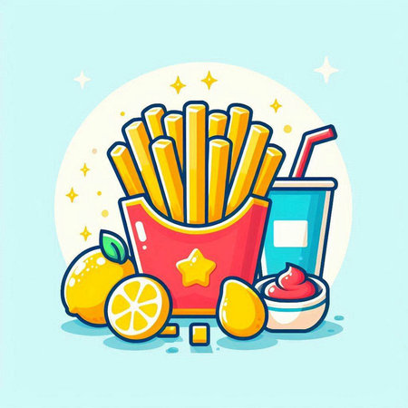 French fries, soda, lemon and ice cream. Vector illustration.のイラスト素材