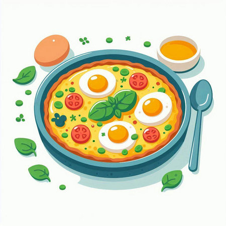 Fried eggs with tomatoes and herbs in a pan. Vector illustration.のイラスト素材