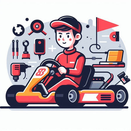 Cartoon illustration of a boy driving a kart. Vector.のイラスト素材