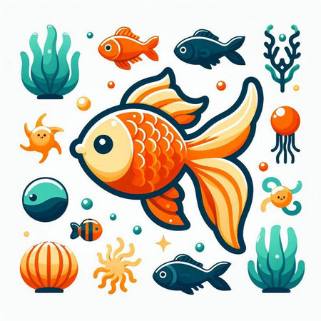 Cartoon goldfish, seaweed, jellyfishpus, jellyfish, starfish. Vector illustration.のイラスト素材