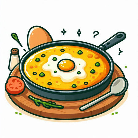 Fried eggs in a frying pan. Illustration on white background.のイラスト素材