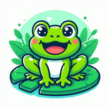 Cute cartoon frog sitting on a green leaf. Vector illustration.のイラスト素材