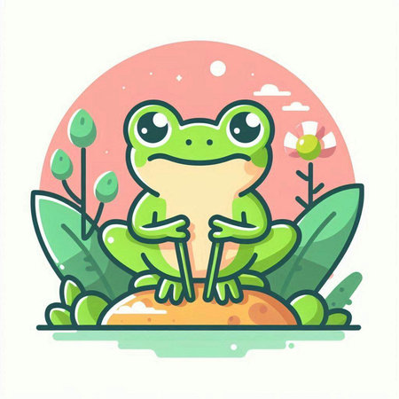 Cute frog in the garden. Vector illustration in flat style.のイラスト素材