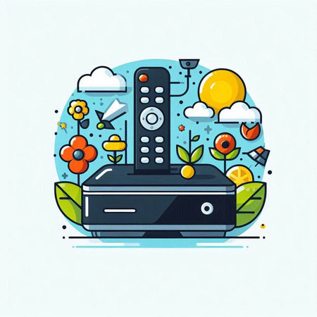 Vector illustration of modern line art flat design of remote control and multimedia technologyのイラスト素材