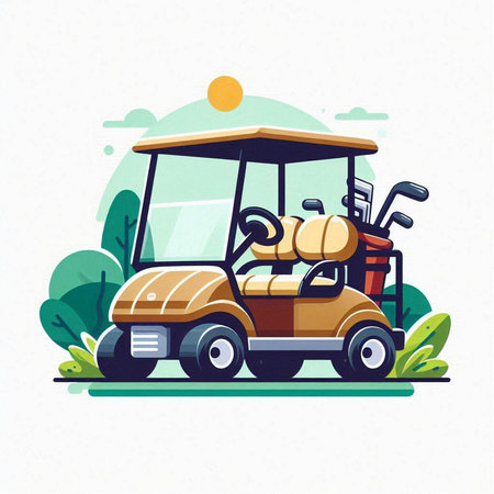 Golf cart on the golf course in flat style. Vector illustration.のイラスト素材
