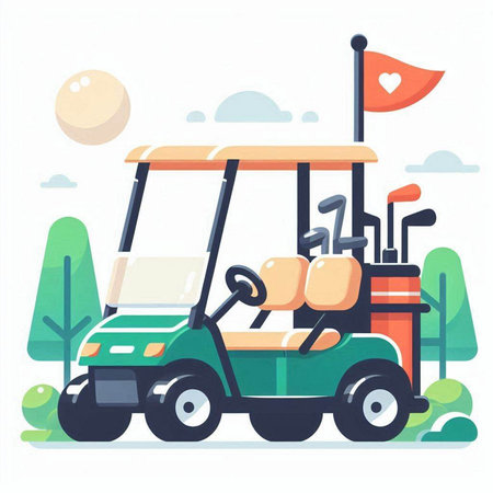 Golf cart in the park. Vector illustration in flat style.のイラスト素材