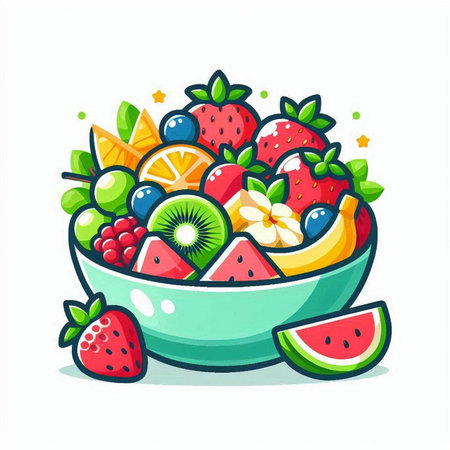 Fruit salad in bowl isolated on white background. Vector illustration.のイラスト素材