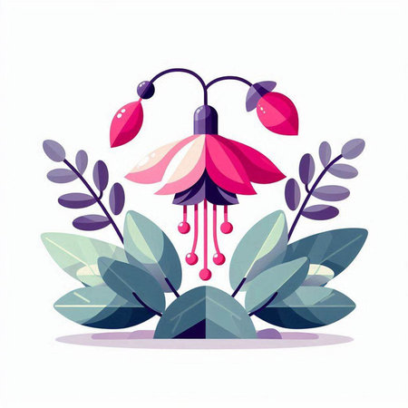 Fuchsia flower with leaves. Vector illustration in flat style.のイラスト素材