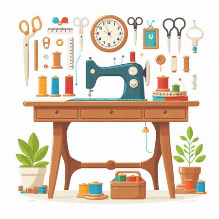 Sewing tools and equipment on the table. Vector illustration in cartoon styleのイラスト素材