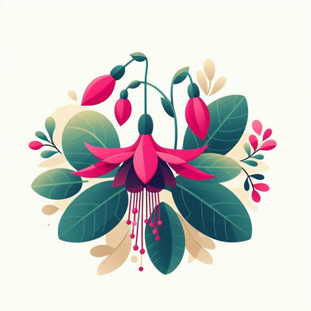 Fuchsia flowers and leaves. Vector illustration in flat style.のイラスト素材
