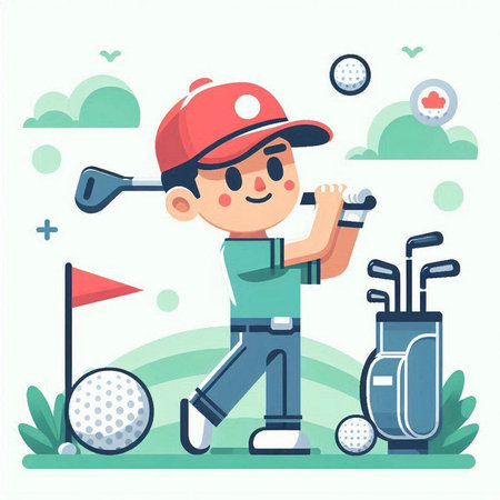Golfer boy playing golf. Vector illustration in cartoon style.のイラスト素材