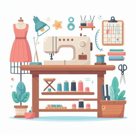 Sewing workshop. Sewing machine and accessories. Vector illustrationのイラスト素材