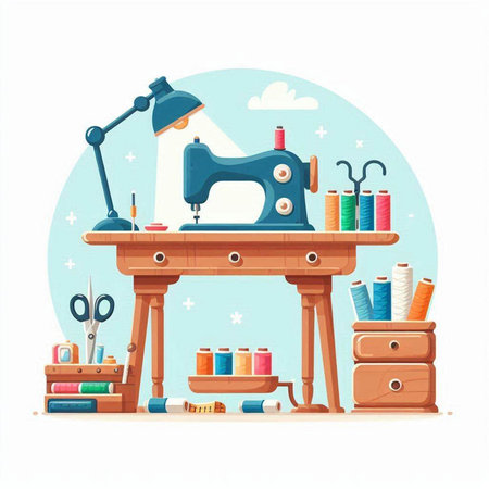 Sewing workshop. Sewing machine, scissors, thread, needles and other tools. Vector illustrationのイラスト素材