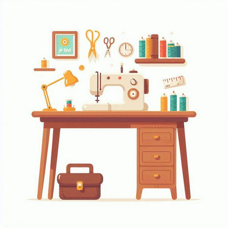 Sewing workshop. Workplace with sewing machine, tools and accessories. Vector illustrationのイラスト素材