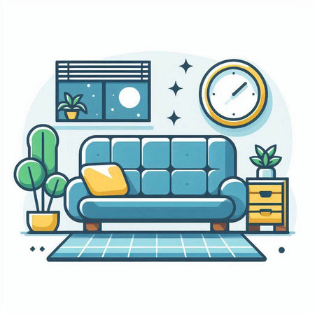 Living room with sofa, carpet and window. Flat style vector illustration.のイラスト素材