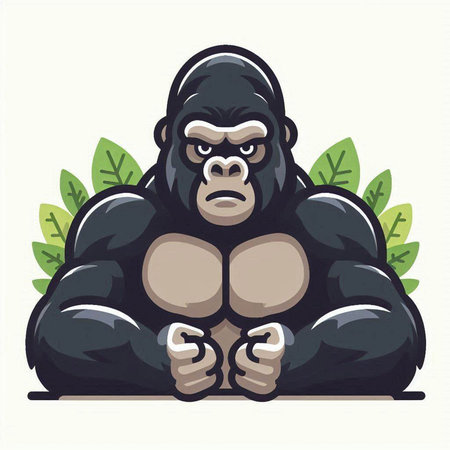 Vector illustration of a gorilla sitting in front of a green tropical background.のイラスト素材