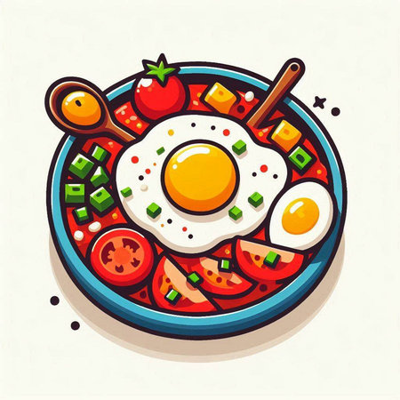 Fried egg with tomato and cucumber in bowl. Vector illustration.のイラスト素材